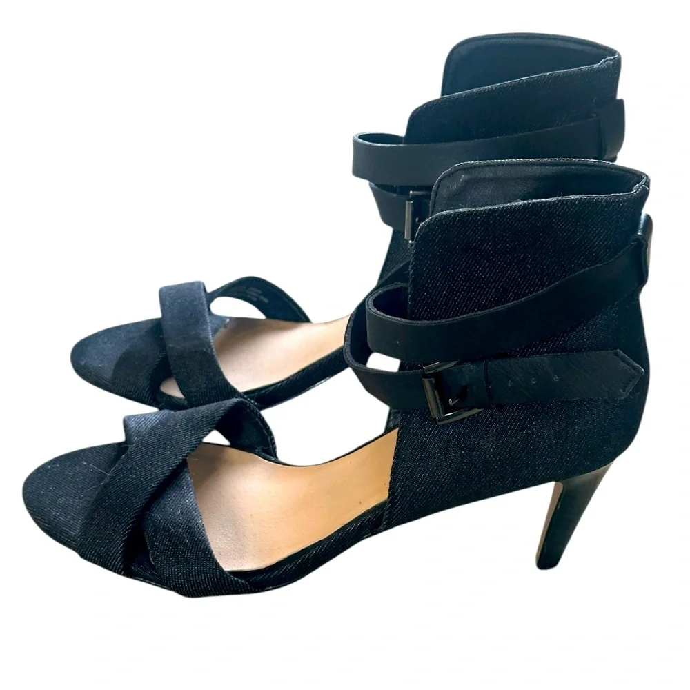 Joe's Jeans Marcy Black Denim Sandals Wrap Ankle Strap Closed Back Size 6.5